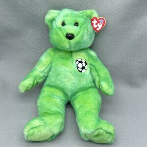 Kicks Teddy Bear Lime Green 1999 Embroidered Soccer Ball 13" Vtg TY Beanie Buddy